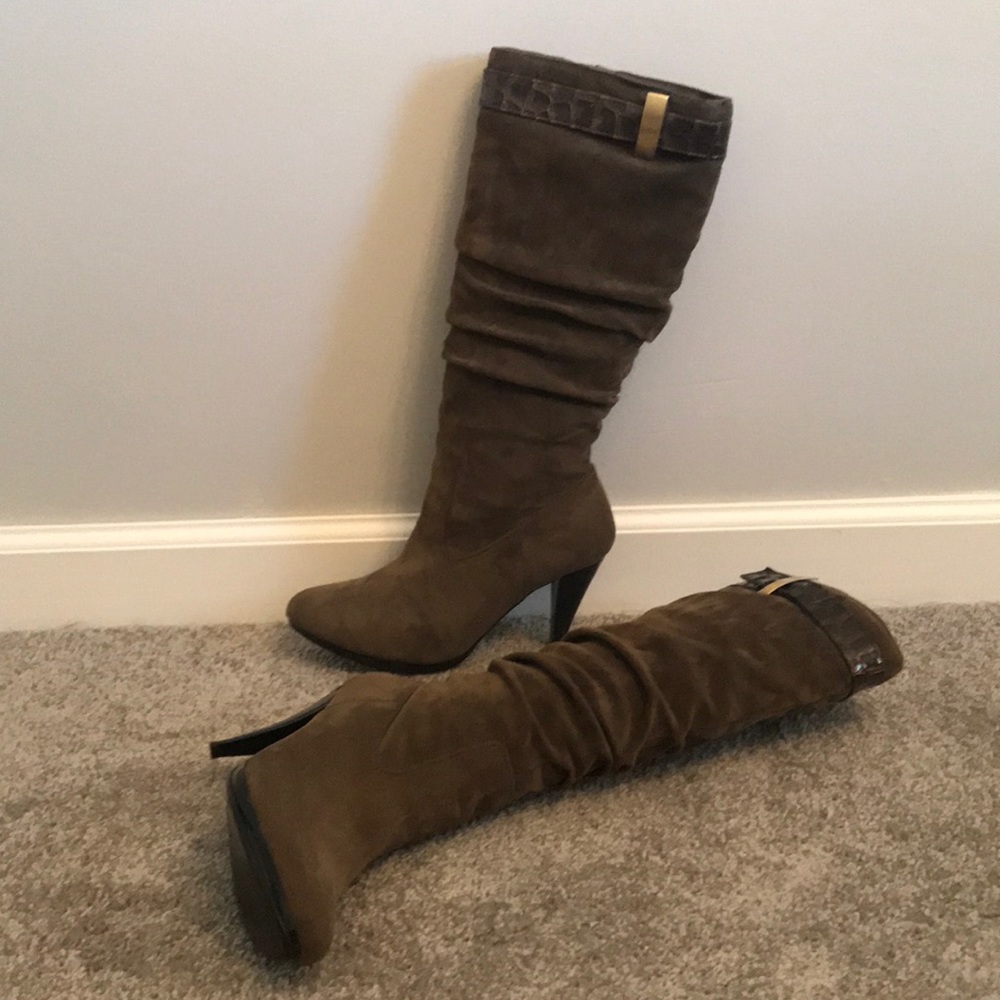 Brown suede knee high heeled boots